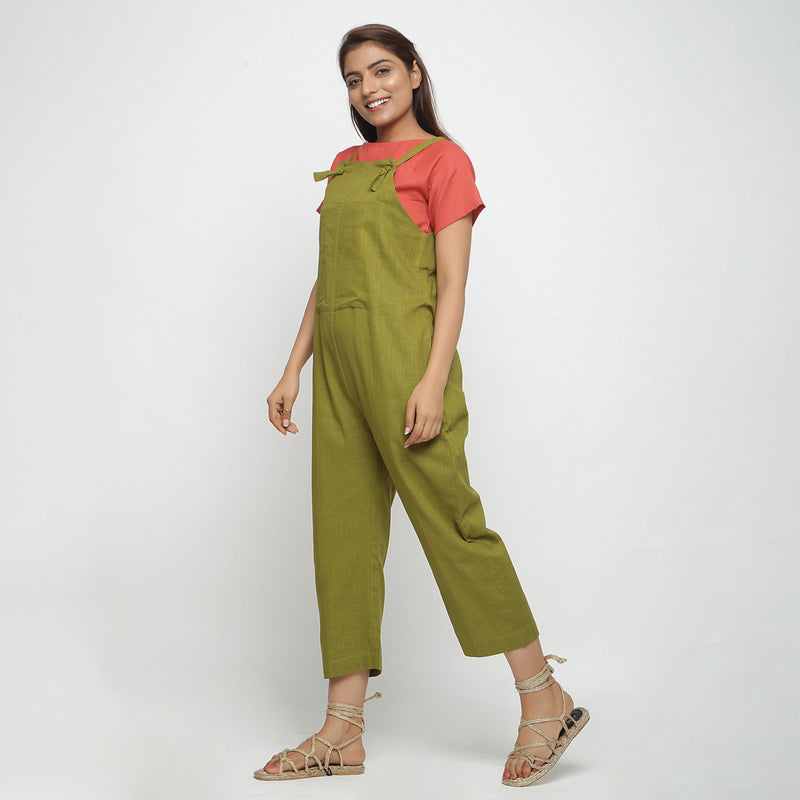 Left View of a Model wearing Olive Green Strap Sleeve Solid Dungaree