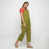 Right View of a Model wearing Olive Green Strap Sleeve Solid Dungaree