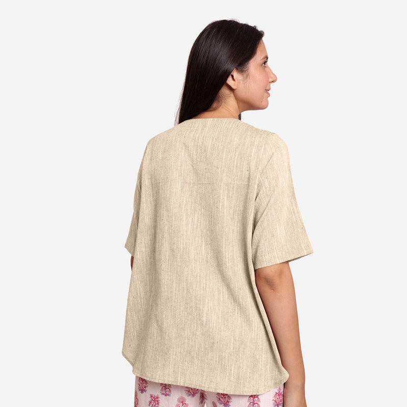 Back View of a Model wearing Beige 100% Cotton High Low Tunic Top