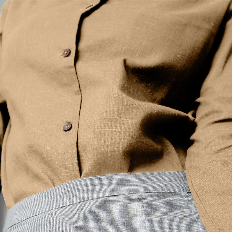 CLose View of a Model wearing Beige 100% Cotton Peter Pan Collar Shirt