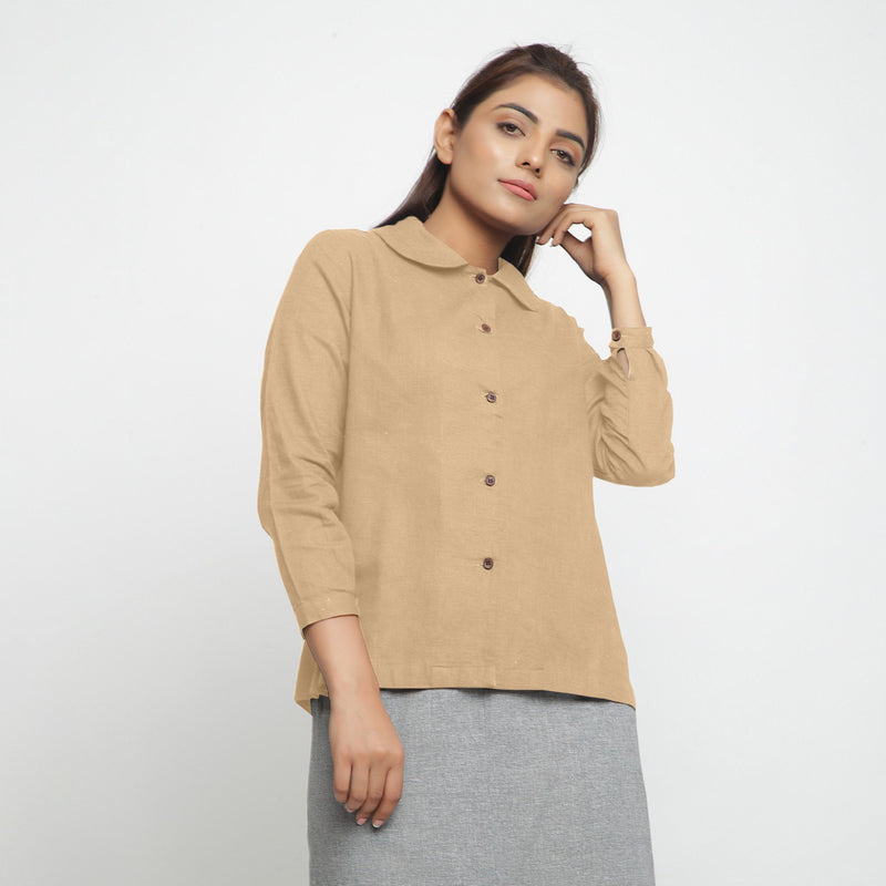 Right View of a Model wearing Beige 100% Cotton Peter Pan Collar Shirt