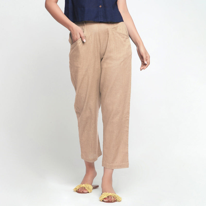Front View of a Model wearing Beige Ankle Length Mid-Rise Chinos