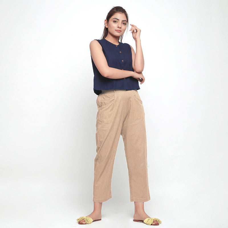 Front View of a Model wearing Beige Ankle Length Mid-Rise Chinos
