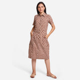 Front View of a Model wearing Beige Block Printed Cotton Midi Shift Dress