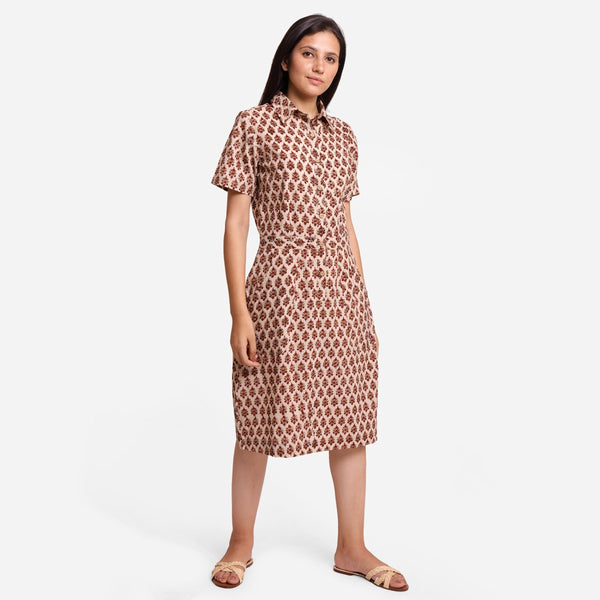 Right View of a Model wearing Beige Block Printed Cotton Midi Shift Dress