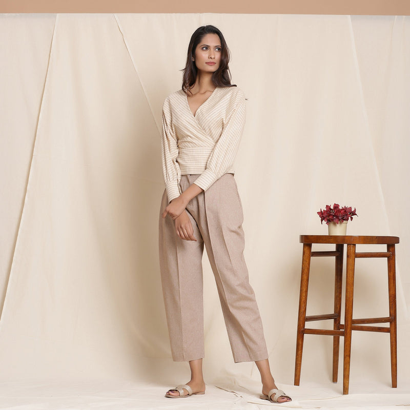 Front View of a Model Wearing Beige Blouson Top and Dusk Brown Pant Set