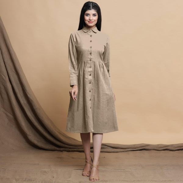 Front View of a Model wearing Beige Button Down Cotton Flax Knee Length Formal Dress