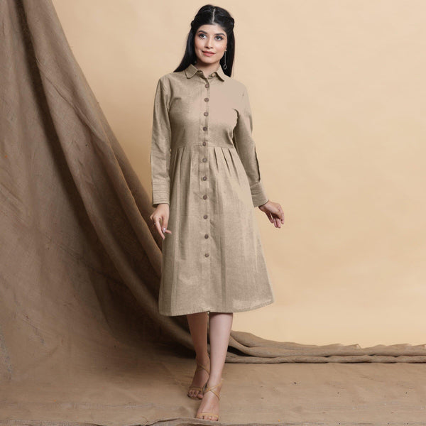 Front View of a Model wearing Beige Button Down Cotton Flax Knee Length Formal Dress