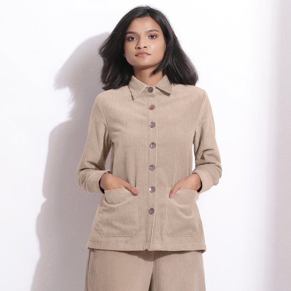Front View of a Model wearing Beige Corduroy Button-Down Pocket Shirt