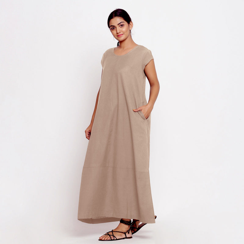 Front View of a Model wearing Beige Cotton Flax A-Line Paneled Dress
