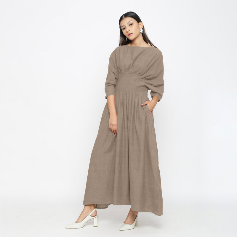 Beige Cotton Flax Ankle Length Pleated Flared Dress