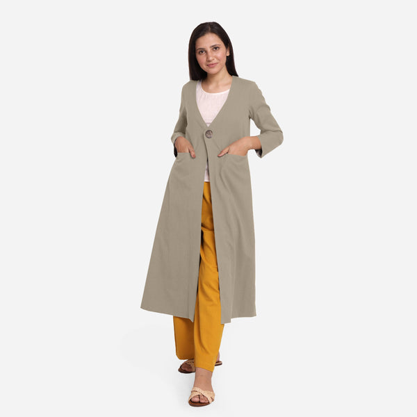 Front View of a Model wearing Beige Cotton Flax Brown A-Line Jacket