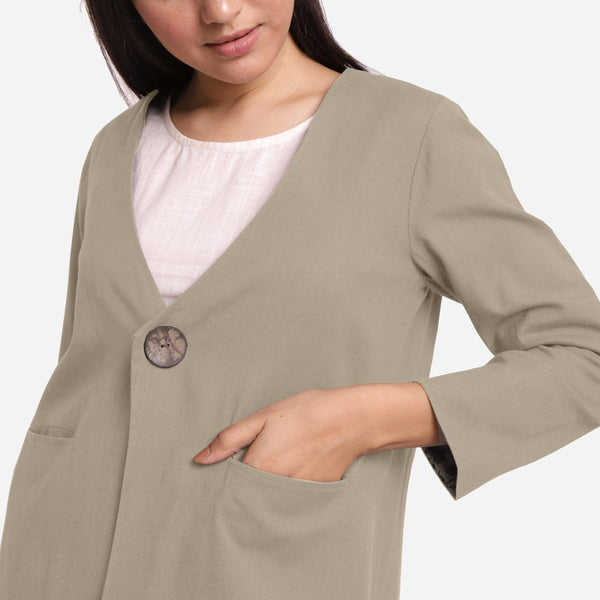 Front Detail of a Model wearing Beige Cotton Flax Brown A-Line Jacket