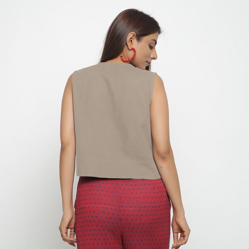 Back View of a Model wearing Beige Cotton Flax Button-Down Shirt