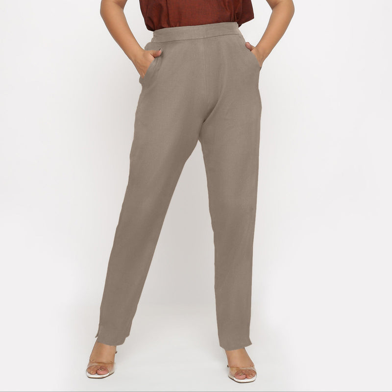 Beige Cotton Flax High-Rise Elasticated Tapered Pant
