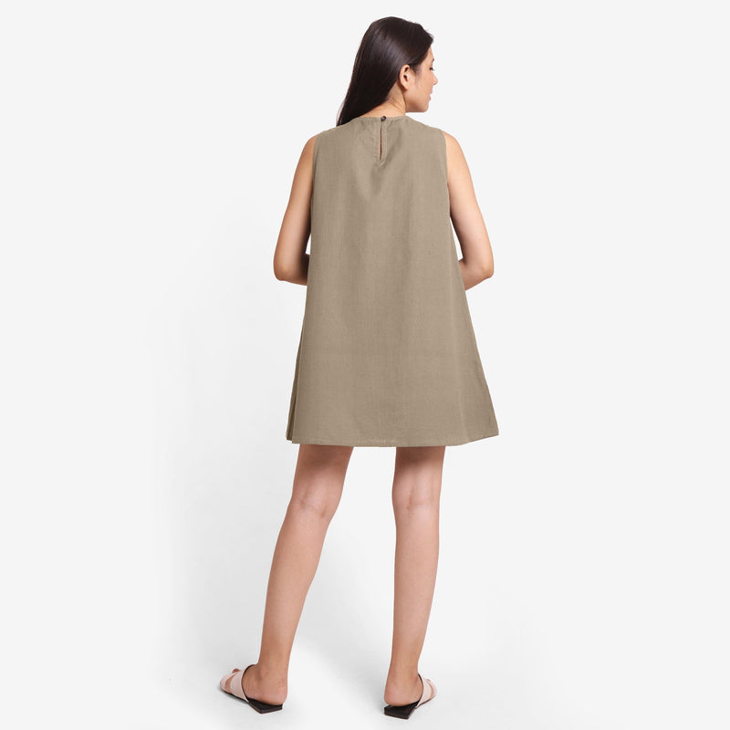 Back View of a Model wearing Beige Cotton Flax Kangaroo Pocket Dress