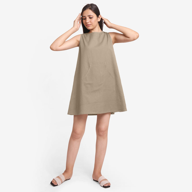 Front View of a Model wearing Beige Cotton Flax Kangaroo Pocket Dress