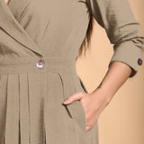Beige Cotton Flax Notched Collar Midi Pleated Wrap Dress