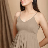Front Detail of a Model wearing Beige Cotton Flax Slim Fit Pleated Camisole Top