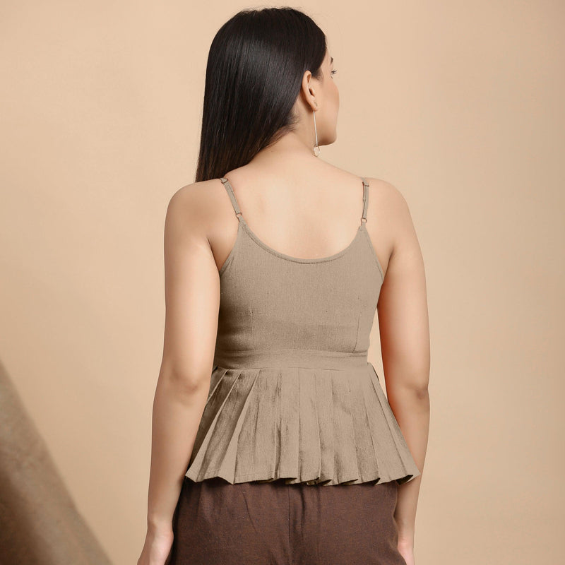Back View of a Model wearing Beige Cotton Flax Slim Fit Pleated Camisole Top