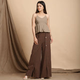Front View of a Model wearing Beige Cotton Flax Slim Fit Pleated Camisole Top