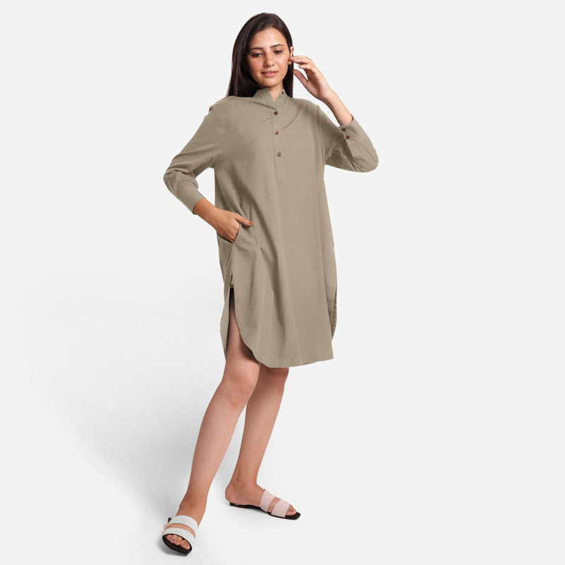 Right View of a Model wearing Beige Cotton Flax Shirt Dress