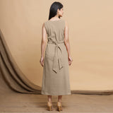 Beige Cotton Flax Sleeveless A-Line Midi Dress