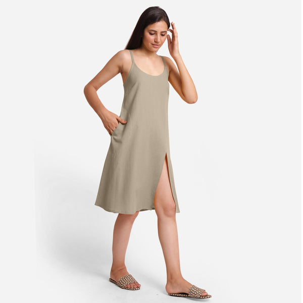 Right View of a Model wearing Beige Cotton Flax Strappy Slit Dress
