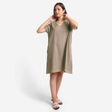 Front View of a Model wearing Beige Cotton Flax V-Neck Short Shift Tunic
