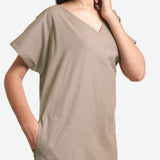 Front Detail of a Model wearing Beige Cotton Flax V-Neck Short Shift Tunic