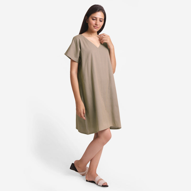 Right View of a Model wearing Beige Cotton Flax V-Neck Short Shift Tunic