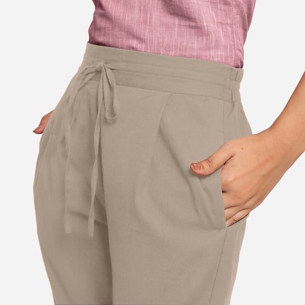 Front Detail of a Model wearing Beige Cotton Flax Wide Legged Pant