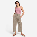 Front View of a Model wearing Beige Cotton Flax Wide Legged Pant