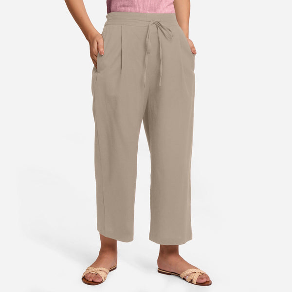 Front View of a Model wearing Beige Cotton Flax Wide Legged Pant