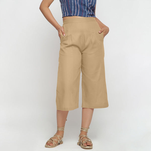Front View of a Model wearing Beige Cotton High Rise Culottes