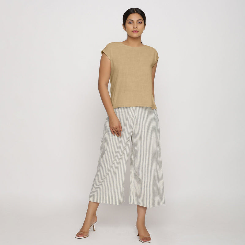 Front View of a Model wearing Beige Cotton Slub Straight Top