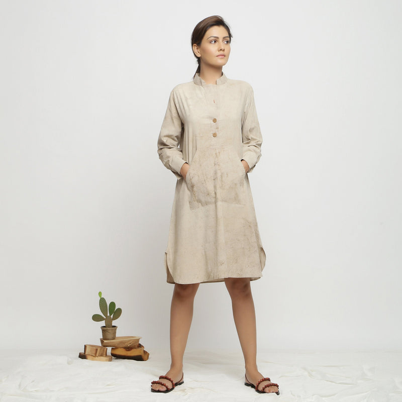 Front View of a Model wearing Beige Dabu Cotton Button-Down Dress