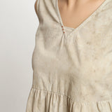 Front Detail of a Model wearing Beige Dabu Printed Embroidered Cotton Gathered Yoke Top