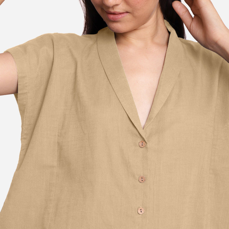 Front Detail of a Model wearing Beige Deep Neck Button-Down Cotton Top
