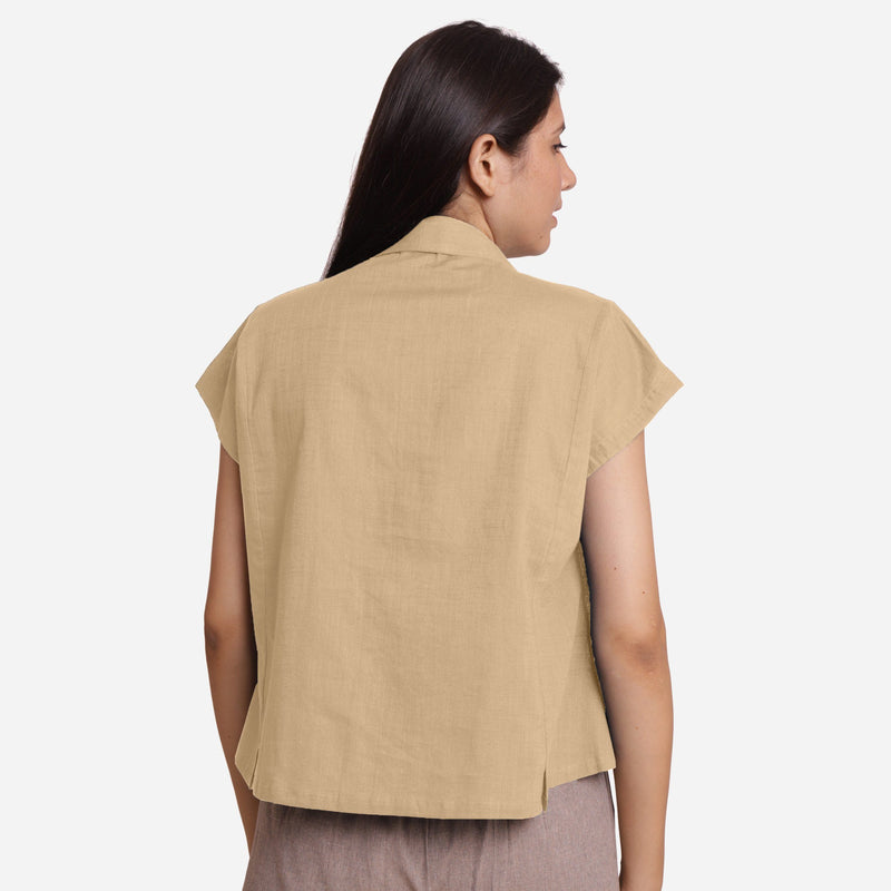 Back View of a Model wearing Beige Deep Neck Button-Down Cotton Top