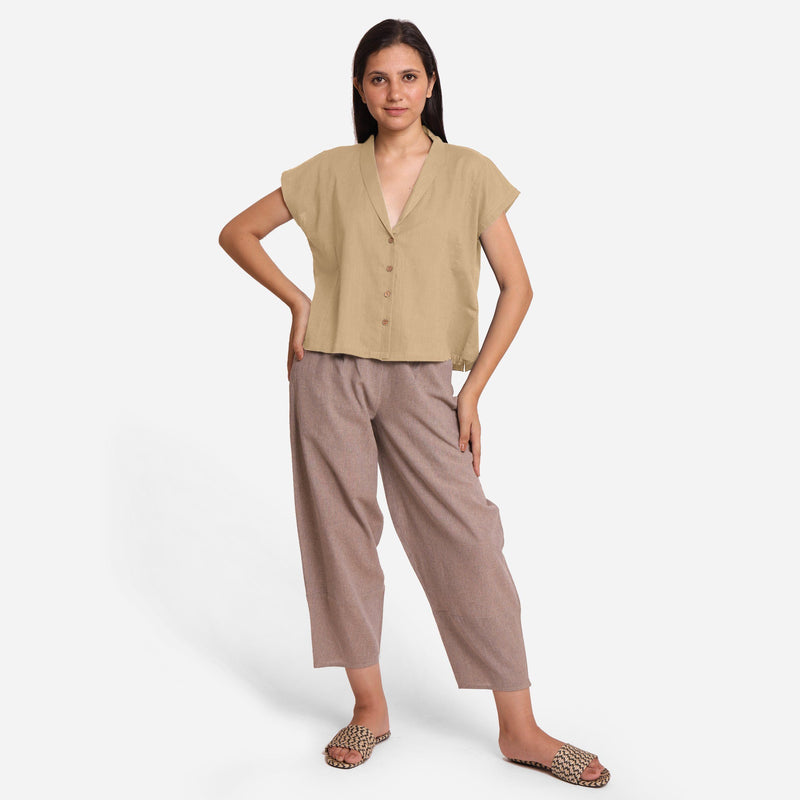 Front View of a Model wearing Beige Deep Neck Button-Down Cotton Top
