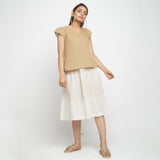 Front View of a Model wearing Beige Puff Sleeves Cotton A-Line Top