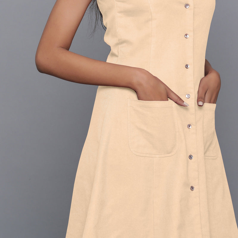 Front Detail of a Model wearing Beige Flannel Button-Down Dress