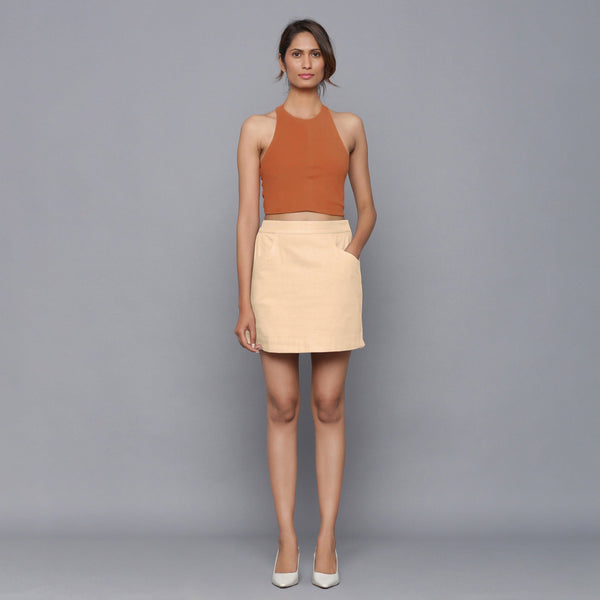 Front View of a Model wearing Beige Flannel Mini Pencil Skirt