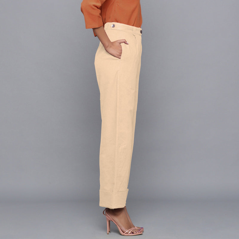 Right View of a Model wearing Beige Flannel Rolled-Up Straight Pant