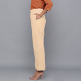 Left View of a Model wearing Beige Flannel Rolled-Up Straight Pant