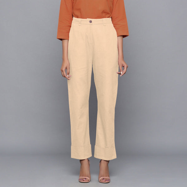 Front View of a Model wearing Beige Flannel Rolled-Up Straight Pant