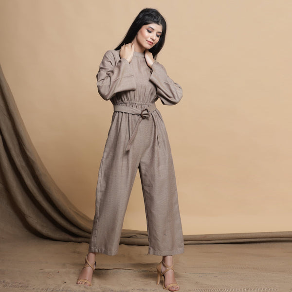 Front View of a Model wearing Beige Flared Sleeve Gathered Jumpsuit