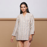 Beige Checkered Cotton Double-Breasted Short Outerwear