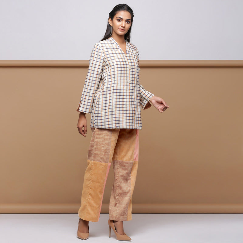 Beige Checkered Cotton Double-Breasted Short Outerwear